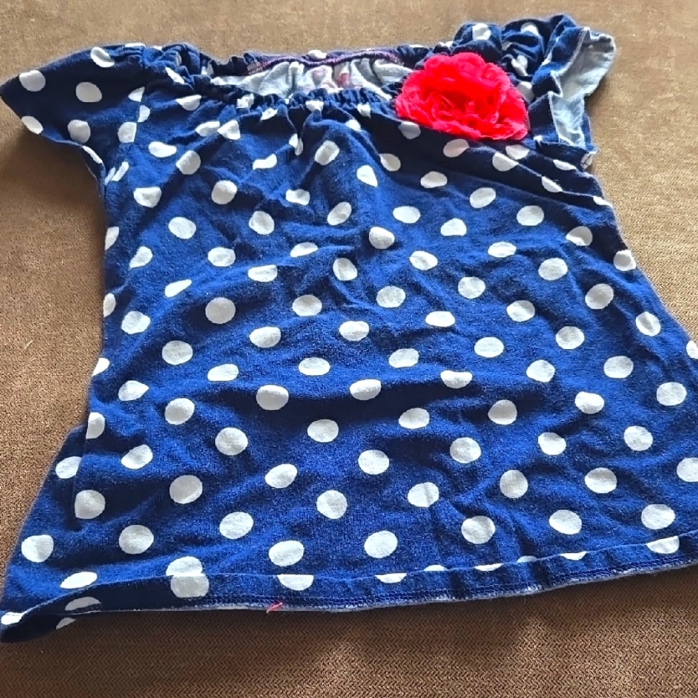 Navy Polka Dot Kids Top with Red Flower Accent